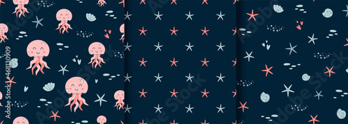 Baby sea pattern set. Marine animals seamless pattern Cute sea animals print. Pink jellyfish kids textile design. Starfish, seashells dark ocean background collection. Vector illustration.