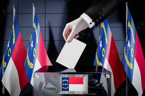 North Carolina flags, hand dropping ballot card into a box - voting, election concept - 3D illustration