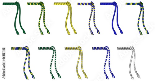 Colorful capoeira belt system set, Martial art grade, brasil culture, sport equipment and clothing. Batizado ceremony element