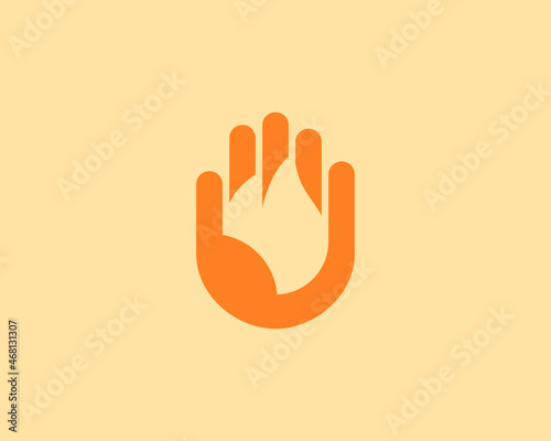 Abstract fire, flame in the hand palm logo design. Universal minimalistic danger, burning, energy vector sign symbol logotype.