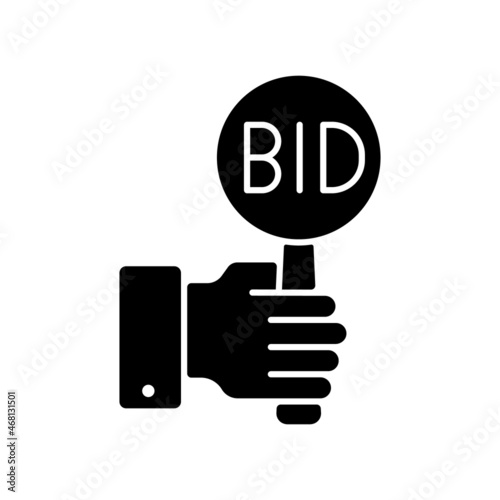 Bidding black glyph icon. Offering highest price to win. Bargaining for item. Auction participants. Public sales. Financial contend. Silhouette symbol on white space. Vector isolated illustration