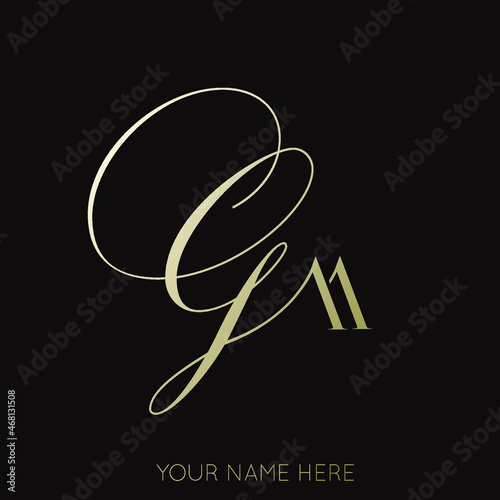 GM monogram logo.Calligraphic signature icon.Letter g and letter m.Lettering sign isolated on dark fund.Wedding, fashion, beauty alphabet initials.Elegant, luxury style.	