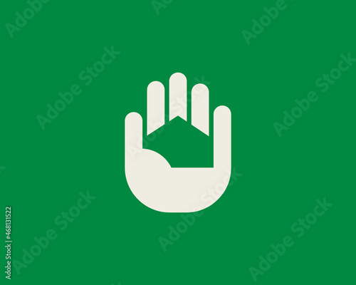 Abstract house, building in the hand palm logo design. Universal minimalistic real estate, property vector sign symbol logotype.