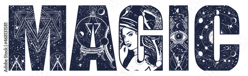 Magic slogan. Witch woman in hat. Lettering art. Gothic female sorcerer and lunar alchemical eclipse. Dark fairy tale and halloween. Double exposure print. Esoteric black and white surreal graphic