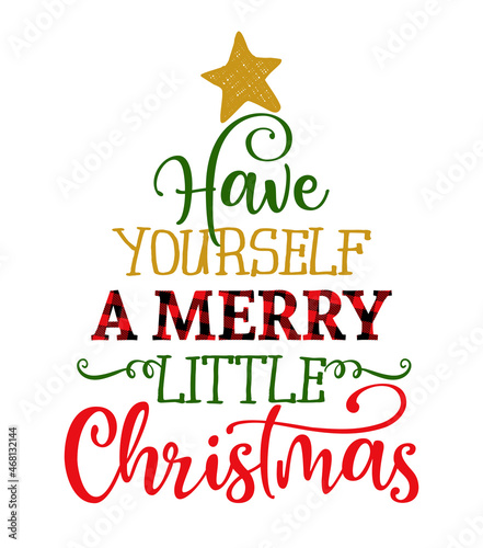 Have yourself a Merry little Christmas - Calligraphy phrase in Christmas tree shape. Hand drawn lettering for Xmas greetings cards, invitations. Lumberjack or flannel buffalo plaid texture quote.