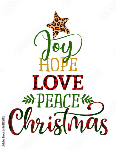Joy hope love peace Christmas - Calligraphy phrase in Christmas tree shape. Hand drawn lettering for Xmas greetings cards, invitations. Lumberjack or flannel buffalo plaid texture quote.