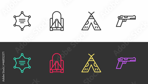 Set line Hexagram sheriff, Rocket launch from the spaceport, Indian teepee wigwam and Pistol gun on black and white. Vector