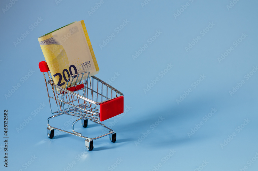 Mini shopping grocery push cart with euro banknotes, money on blue background. Business, finance concept. Concept of shopping. Economy concept.