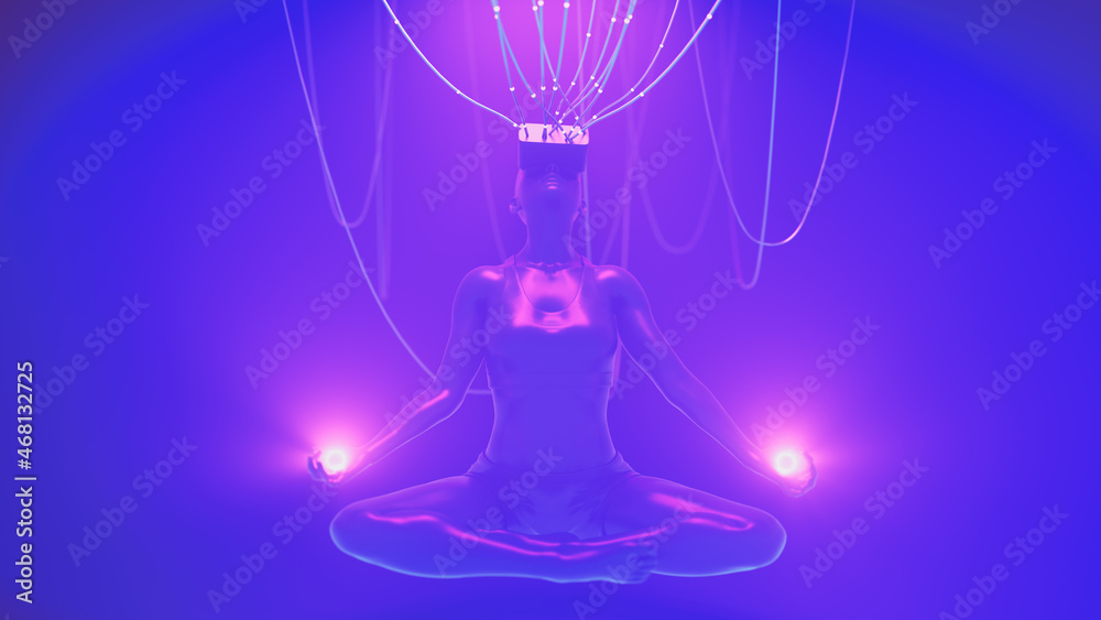 Woman in VR glasses in meditation pose connected with cables to metaverse. Avatar neon concept. Ultraviolet cyberpunk illustration. 3d render illustration
