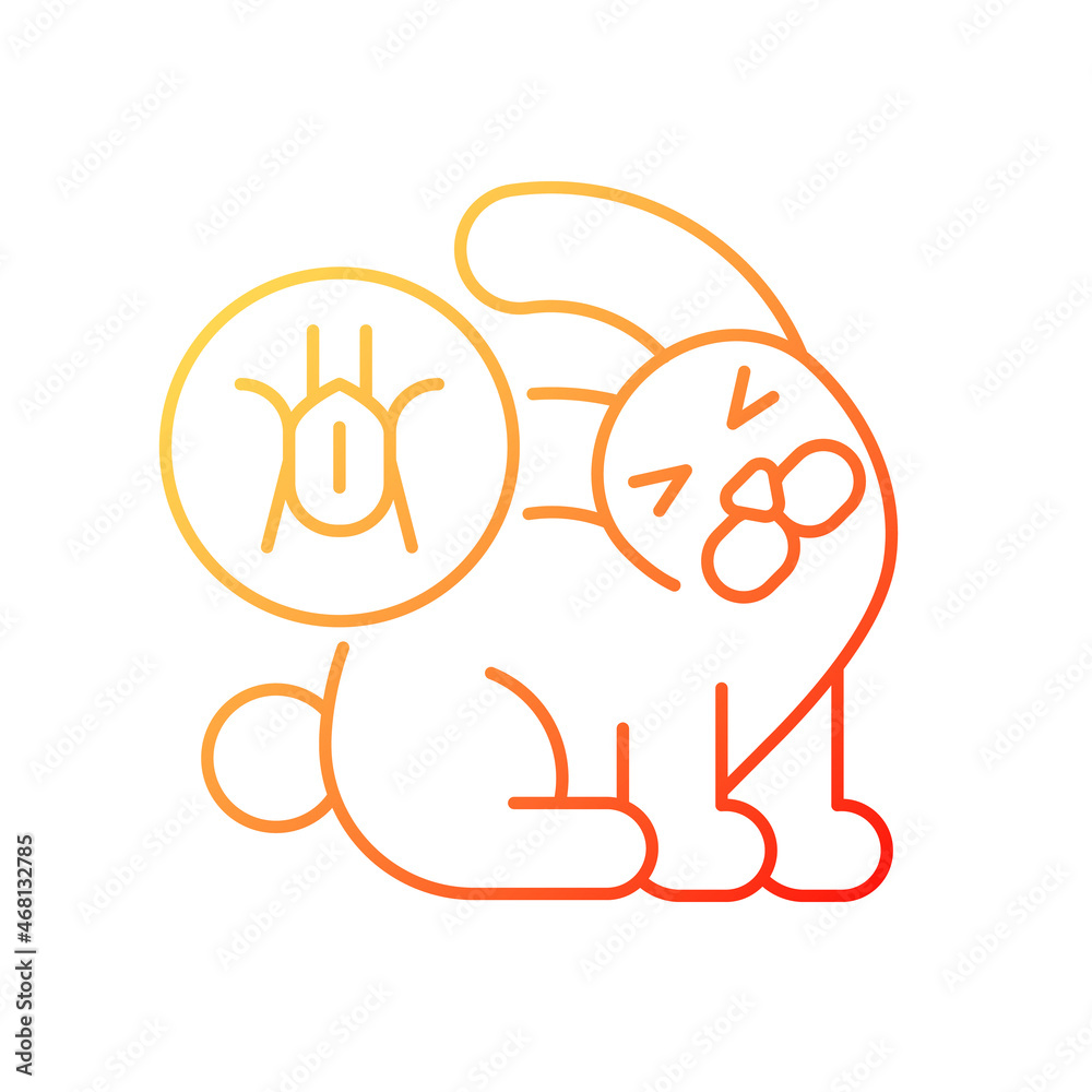 Ear infection gradient linear vector icon. Ear mites. Pet parasites. Domestic animal disease. Head tilting and itching. Thin line color symbol. Modern style pictogram. Vector isolated outline drawing Ear infection gradient linear vector icon. Ear mites. Pet parasites. Domestic animal disease. Head tilting and itching. Thin line color symbol. Modern style pictogram. Vector isolated outline drawing