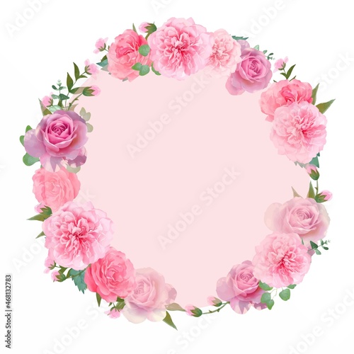 美しい色使いのピンクの薔薇の花と植物の白バックのリースフレームイラスト素材 