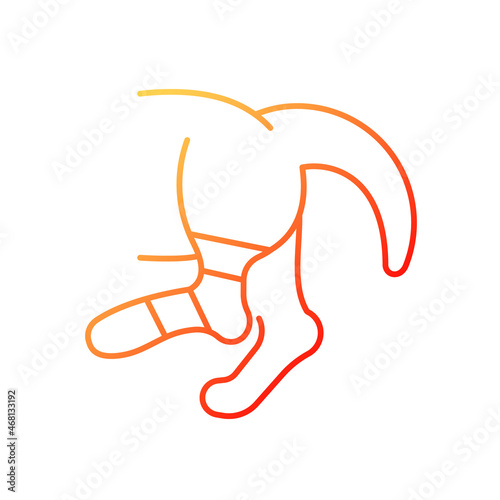 Pet sprain gradient linear vector icon. Animal with hurt limb. Hips and thighs strains. Joints and bones injury. Thin line color symbol. Modern style pictogram. Vector isolated outline drawing