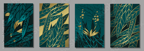 Set of posters of tropical leaves in gold and dark green colors. Abstract plant art design. Botanical vector set. Backgrounds for print, cover, wall art and for your design.