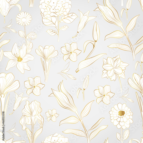 Seamless vector pattern with golden plants and flowers in line art style on gray background.