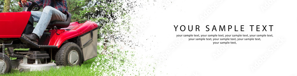 Close-up of an equestrian landscape architect on a lawn mower. Banner design, copy space. Close-up of an equestrian landscape architect on a lawn mower. Banner design, copy space.