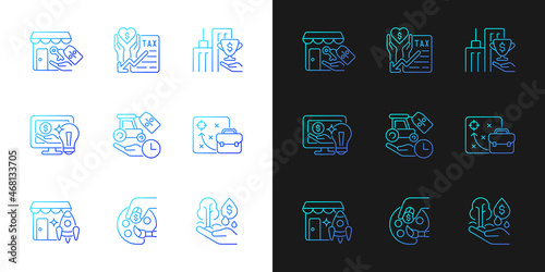 Small business financial support gradient icons set for dark, light mode. Tax payments deduction. Thin line contour symbols bundle. Isolated vector outline illustrations collection on black and white