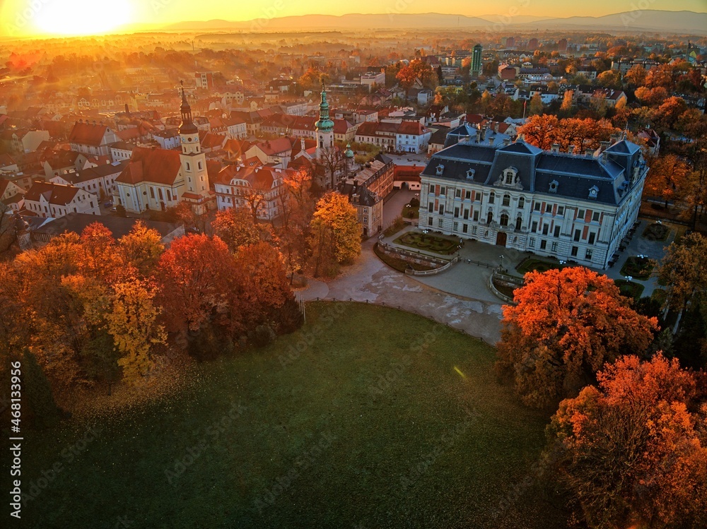 sunrise over the park and the palace in Pszczyna on an autumn morning