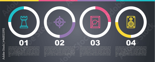 Set line Business strategy, Target sport, Picture landscape and Stereo speaker. Business infographic template. Vector