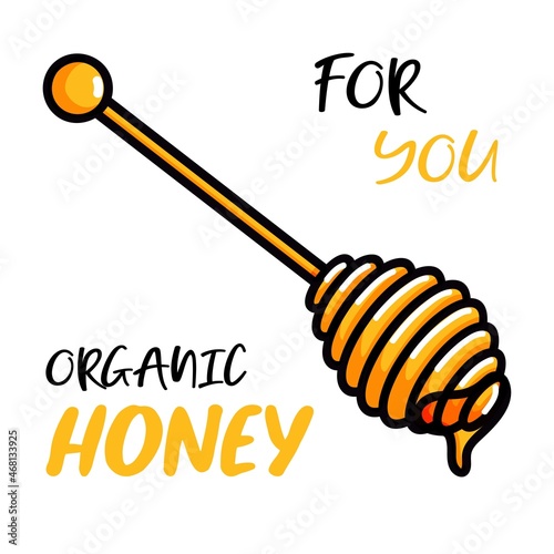 Wooden honey dipper, sketch doodle style vector illustration of honey spoon isolated on white background. Transparent liquid golden colored honey dripping icon