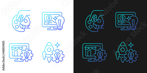 Startup ideas gradient icons set for dark and light mode. Patronage and guidance. Thin line contour symbols bundle. Isolated vector outline illustrations collection on black and white