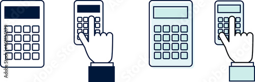 icône ou pictogramme montrant une calculatrice et une main appuyant sur les touches.  Métiers de la comptabilité, des finances et des affaires mais aussi gestion ou calcul des impôts photo
