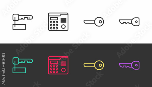 Set line Marked key, House intercom system, Key and on black and white. Vector