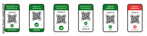 Digital Vaccination Certificate and Green Health Passport in App of Mobile Phone Set. Green Passport and Immunity Online Tracking Screen with QR Code. Set of Vector Vaccine Certificate in Smartphone