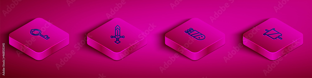 Set Isometric line Old key, Medieval sword, Quiver with arrows and flag icon. Vector