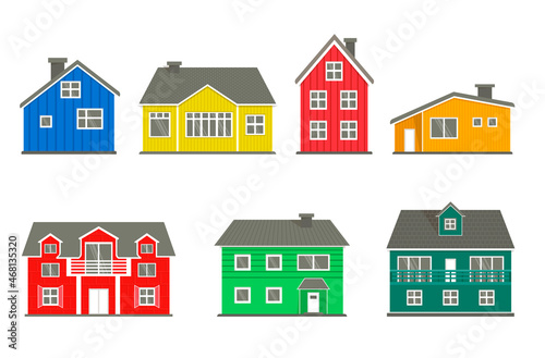 Set of European rustic simple houses. Beautiful multicolored elements in Norway. An example of Scandinavian rural architecture.