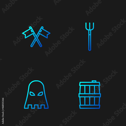 Set line Wooden barrel, Executioner mask, Crossed medieval flag and Garden pitchfork. Gradient color icons. Vector