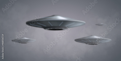 UFO spaceship with yellow light beam isolated on grey background. Vector illustration