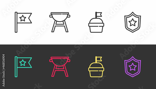 Set line American flag, Barbecue grill, Cake and Police badge on black and white. Vector