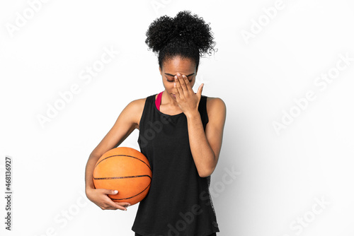 Young basketball player latin woman isolated on white background with tired and sick expression © luismolinero
