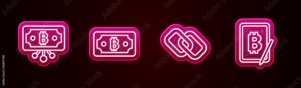 Set line Bitcoin with circuit, Cryptocurrency bitcoin, Chain link and Mining from tablet. Glowing neon icon. Vector Set line Bitcoin with circuit, Cryptocurrency bitcoin, Chain link and Mining from tablet. Glowing neon icon. Vector