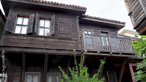 Traditional wooden houses in Old Part of Sozopol town on the Black Sea coast in Bulgaria, 4k photo