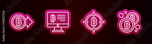 Set line Bitcoin, Mining bitcoin from monitor, the target and . Glowing neon icon. Vector
