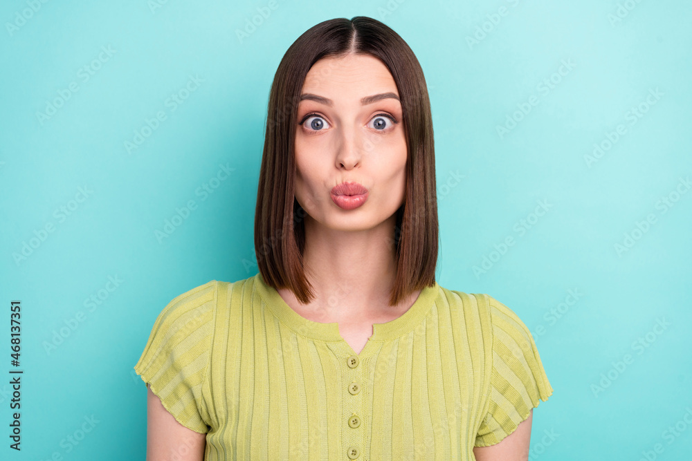 Fototapeta premium Photo of romantic girlfriend lady excited face send love air kiss wear green blouse isolated turquoise color background