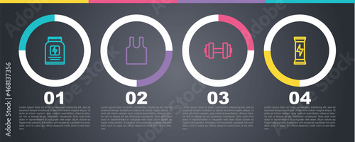Set line Sports nutrition, Sleeveless T-shirt, Dumbbell and . Business infographic template. Vector