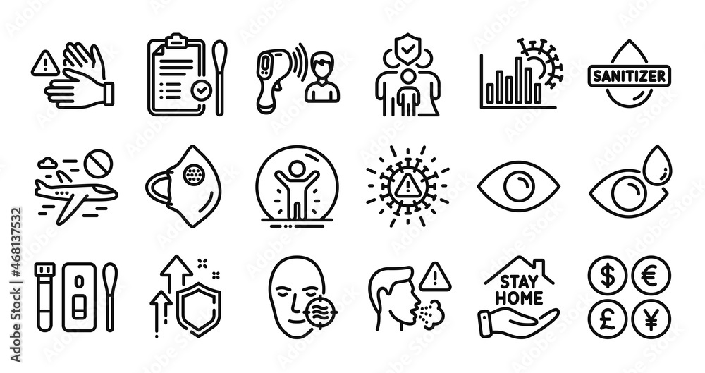 Stay home, Eye and Coronavirus line icons set. Secure shield and Money currency exchange. Dont touch, Cough and Medical mask icons. Problem skin, Cancel flight and Hand sanitizer signs. Vector Stay home, Eye and Coronavirus line icons set. Secure shield and Money currency exchange. Dont touch, Cough and Medical mask icons. Problem skin, Cancel flight and Hand sanitizer signs. Vector
