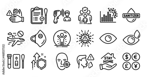 Stay home, Eye and Coronavirus line icons set. Secure shield and Money currency exchange. Dont touch, Cough and Medical mask icons. Problem skin, Cancel flight and Hand sanitizer signs. Vector