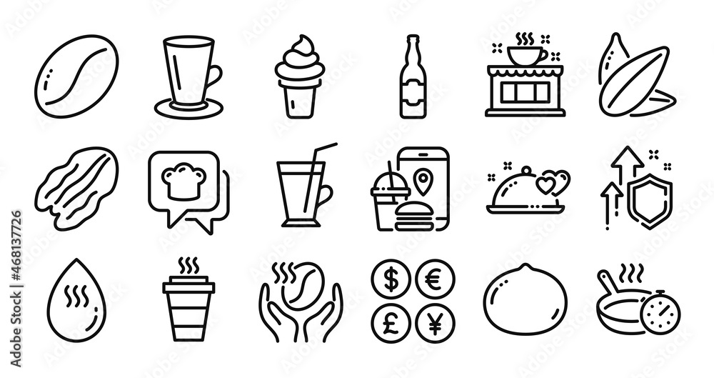 Takeaway, Romantic dinner and Coffee shop line icons set. Secure shield and Money currency exchange. Ice cream, Coffee beans and Frying pan icons. Hot water, Sunflower seed and Food app signs. Vector