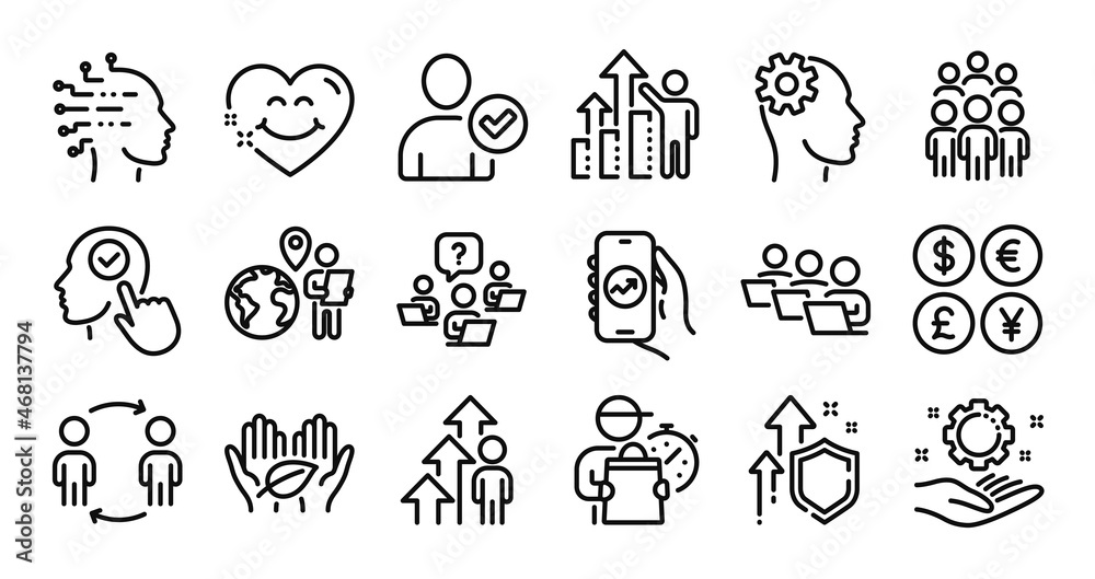 Fototapeta premium Employee hand, Financial app and Select user line icons set. Secure shield and Money currency exchange. Employee results, Smile face and Delivery man icons. Vector