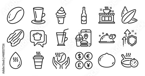 Takeaway, Romantic dinner and Coffee shop line icons set. Secure shield and Money currency exchange. Ice cream, Coffee beans and Frying pan icons. Hot water, Sunflower seed and Food app signs. Vector