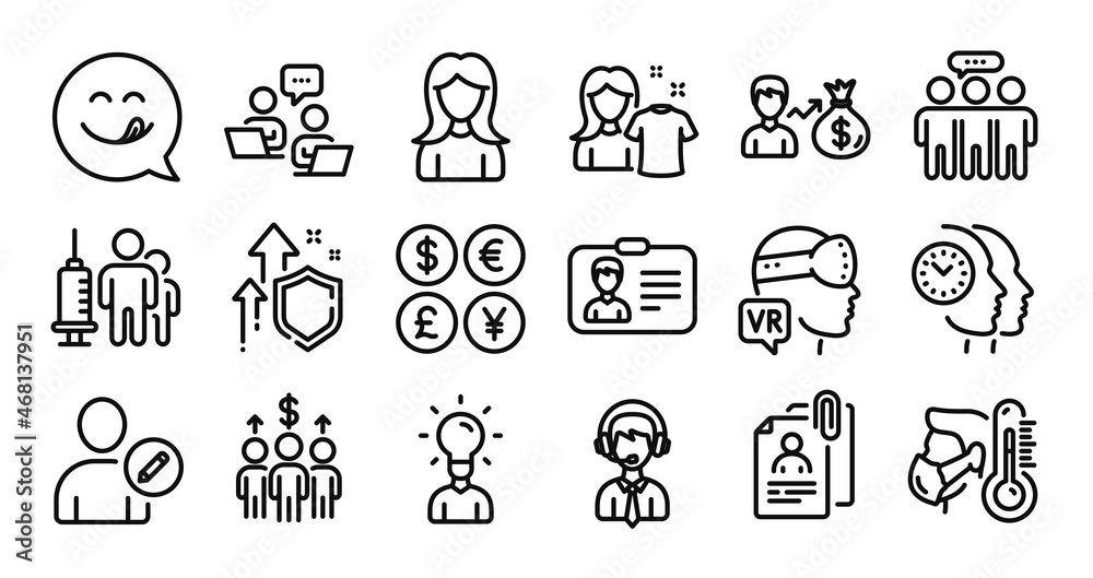 Augmented reality, Teamwork and Clean shirt line icons set. Secure shield and Money currency exchange. Meeting, Education and Woman icons. Vector
