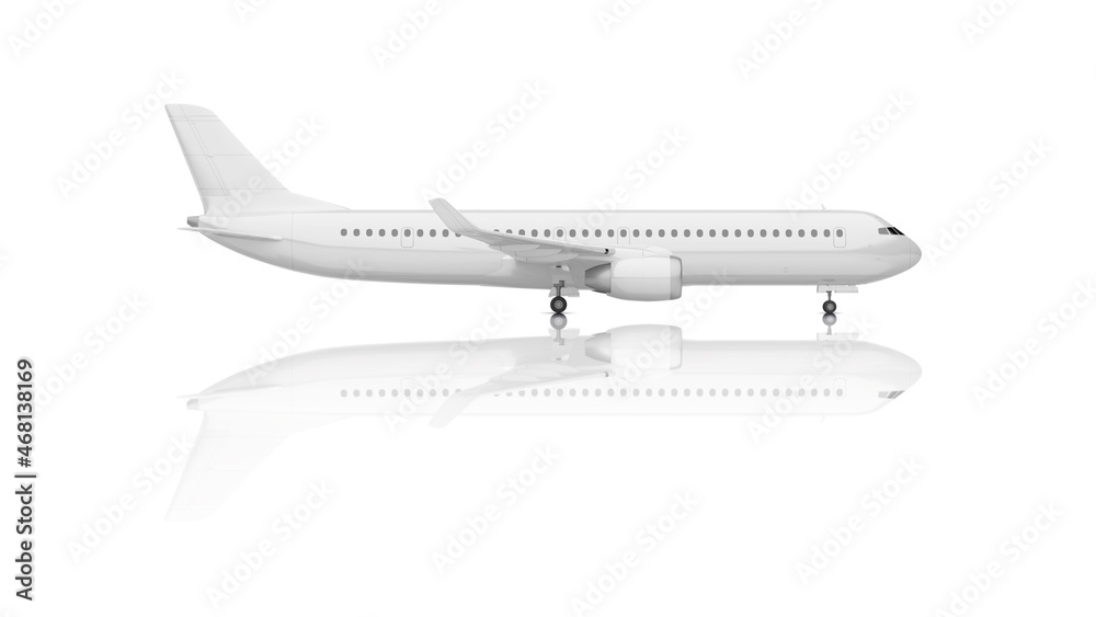 White passenger turbojet aircraft ready for livery design. 3D render isolated on white background.