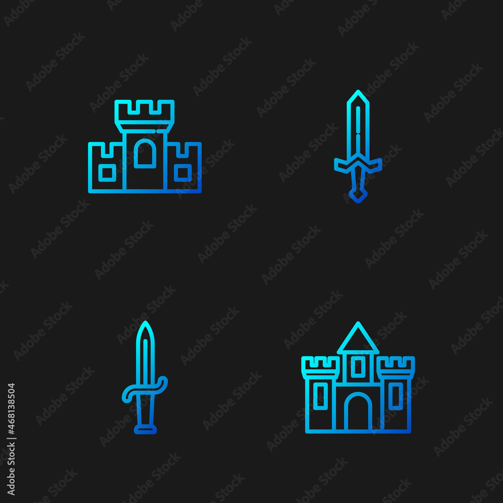 Set line Castle, fortress, Dagger, and Medieval sword. Gradient color icons. Vector