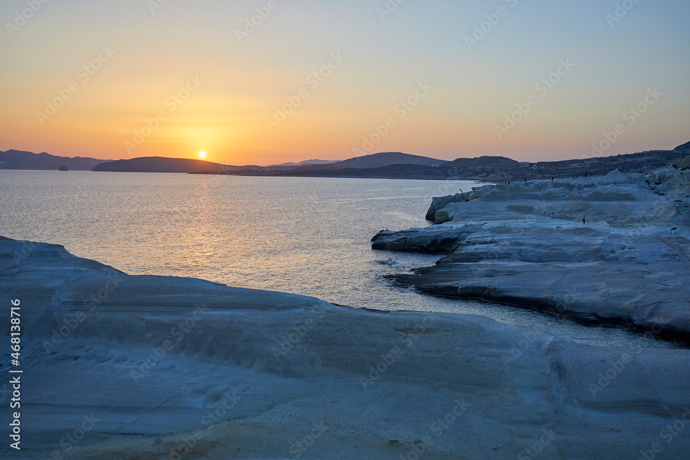 The white cliffs of Sarakiniko Beach at sunrise, Milos, Greece