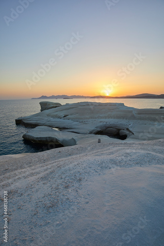 The white cliffs of Sarakiniko Beach at sunrise, Milos, Greece