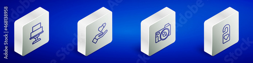 Set Isometric line Wedding cake, Heart hand, Photo camera and Please do not disturb icon. Vector