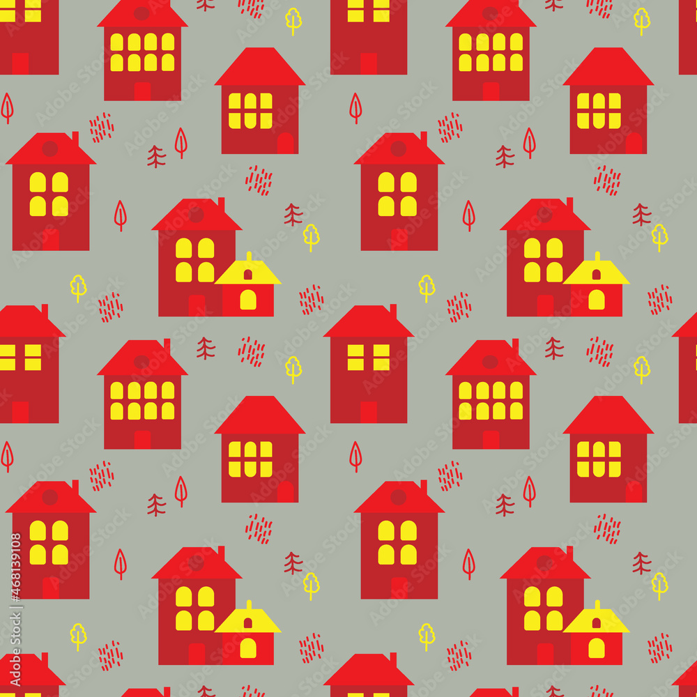 Winter pattern with cute houses, small trees. Christmas elements, vector illustration.